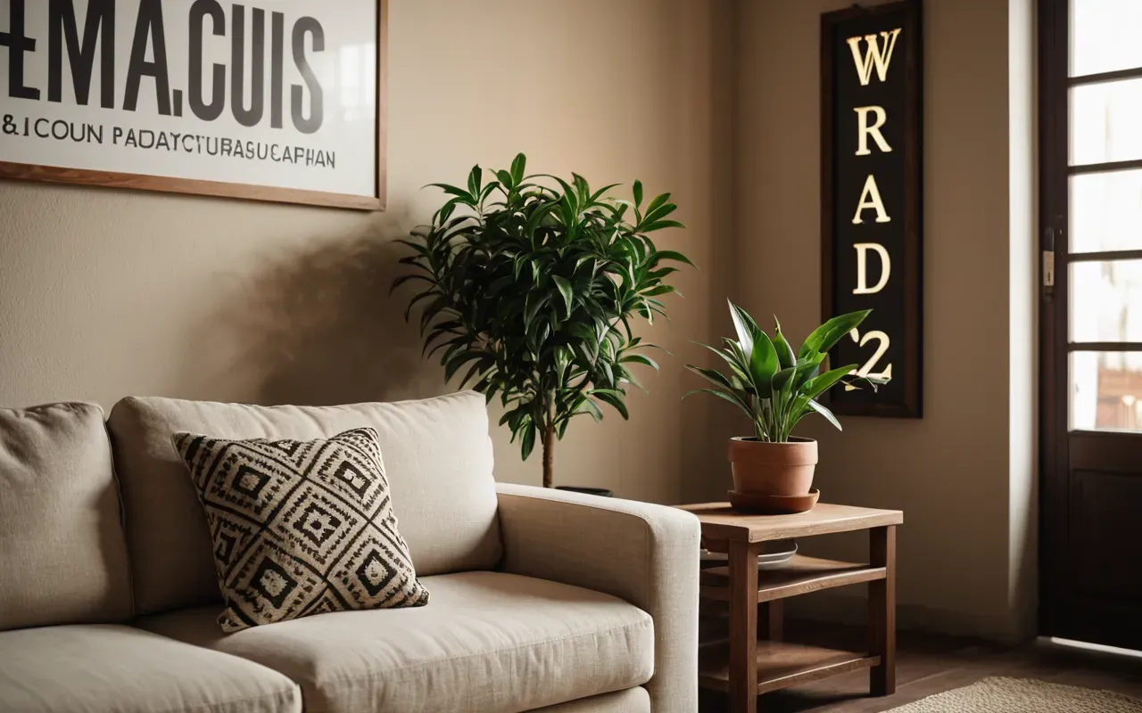 modern oturma odası dekorasyonu A cozy modern living room corner with a comfortable beige sofa and a small wooden side table holding a green potted plant under warm ambient lighting creating a welcoming atmosphere without any text.