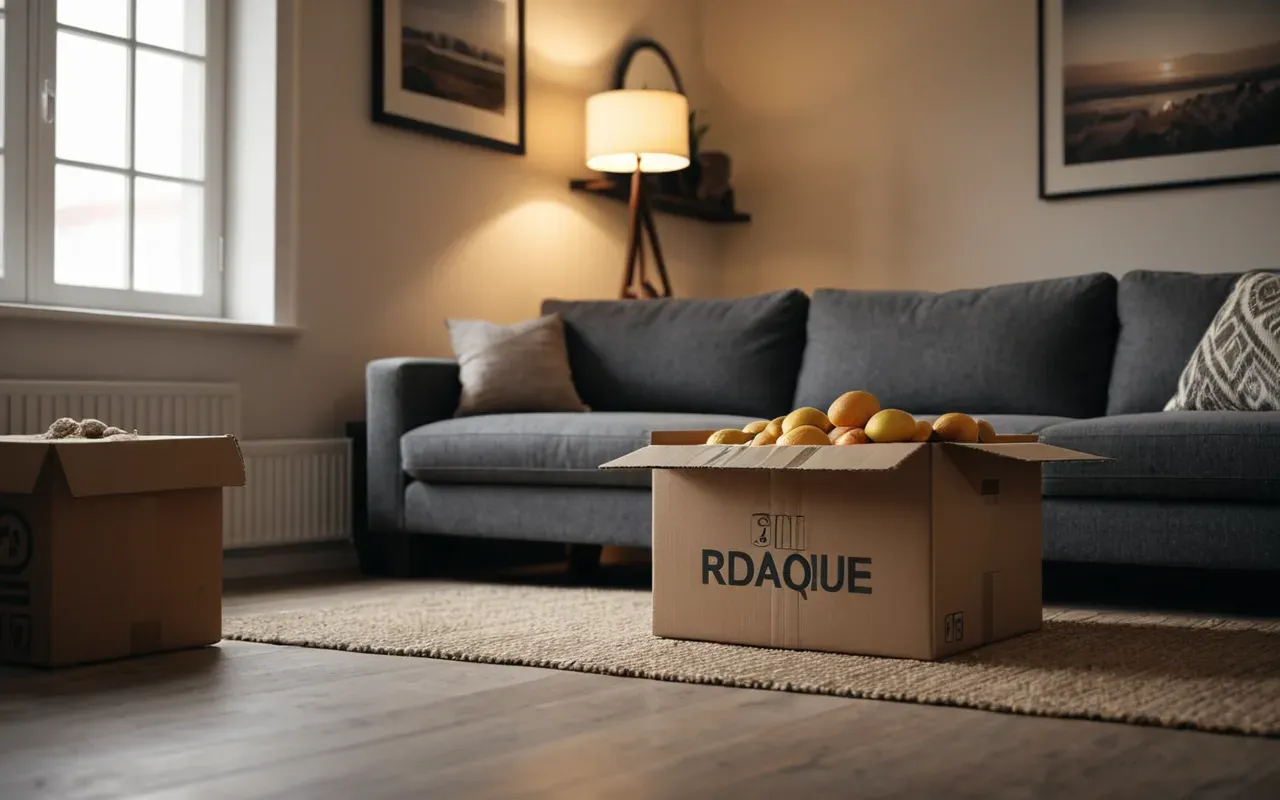 ev içi düzenleme A cozy modern living room interior with a partially unpacked moving box on the floor. Soft evening light comes from a window creating a calm atmosphere.