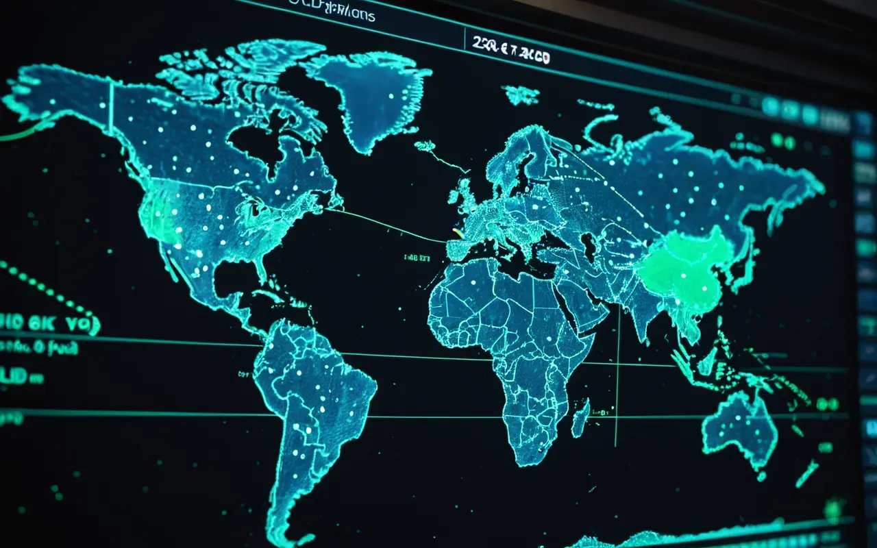 A futuristic digital interface showing a complex network of data points connecting to global shipping routes, rendered in blue and green neon tones against a dark background. No text or numbers are visible on the screen.