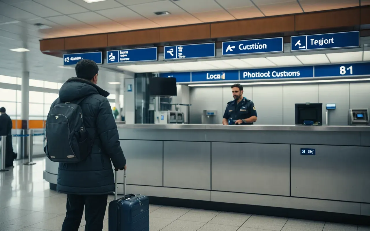 gümrük kontrol alanı A modern airport customs area with a traveler standing in front of an inspection booth. The person is holding a small suitcase and looking at the counter. Soft blue lighting from above creates a calm atmosphere.