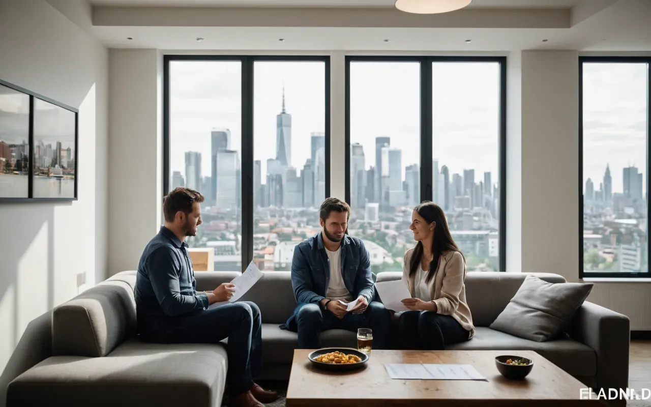 uluslararası nakliyat planlama A modern and bright living room with a large window showing a generic city skyline outside. A couple is sitting on a sofa reviewing financial documents in their hands while looking at a laptop.