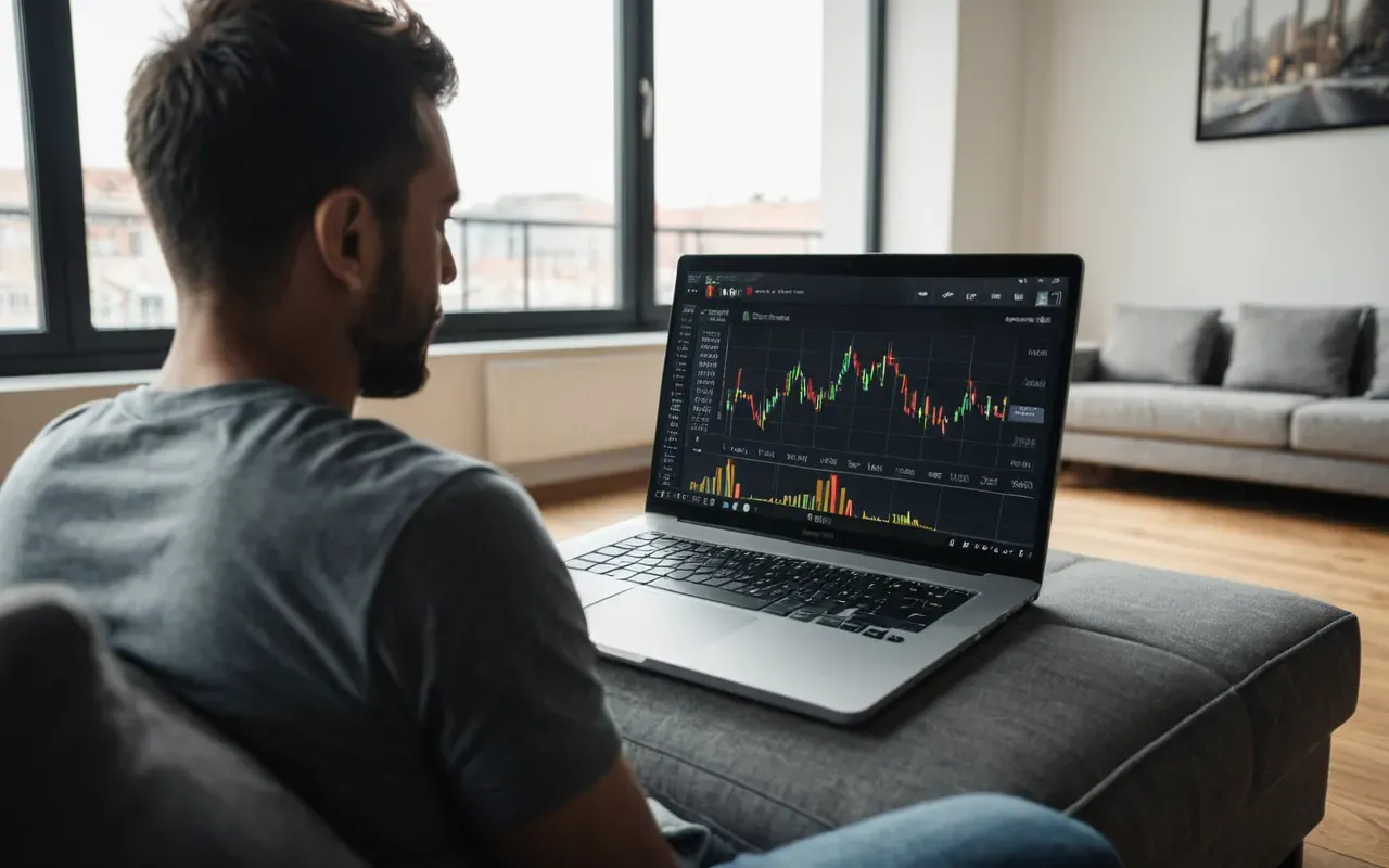 bütçe planlaması A modern apartment living room with a person sitting on a sofa looking at a laptop screen showing financial charts, soft natural light from a large window, neutral colors.