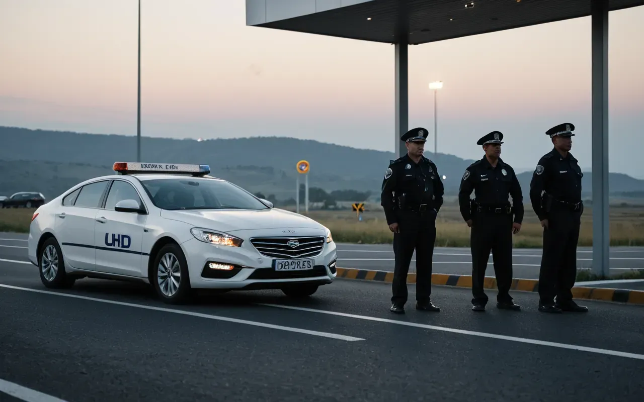 sınır kontrolü A modern border control station at dawn with a single white sedan stopped under bright floodlights. Uniformed officers in the background inspecting the trunk area while mist hangs low over the asphalt road.