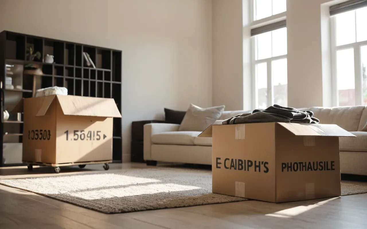 evden eve taşımacılık detayları A modern, bright living room with a large moving box stack near the window, soft natural light highlighting dust particles in the air, neutral beige furniture and clean white walls creating a calm atmosphere.