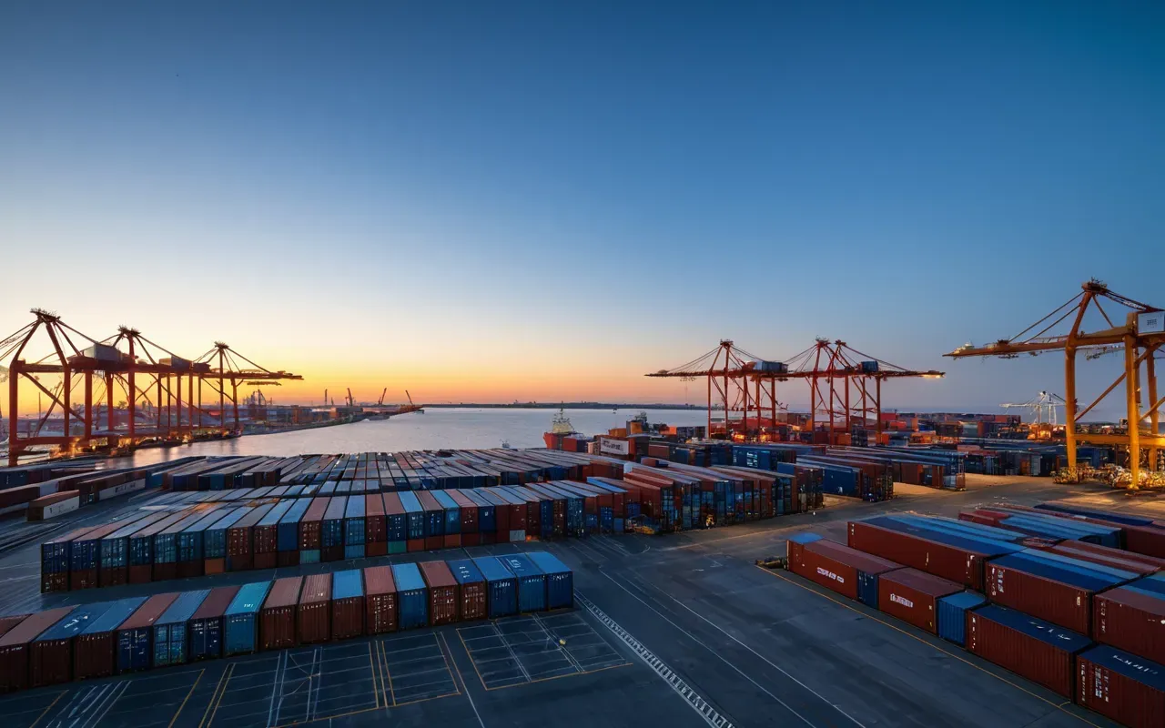 A modern container shipping port at dusk with large cranes and stacked cargo containers under a deep blue sky.