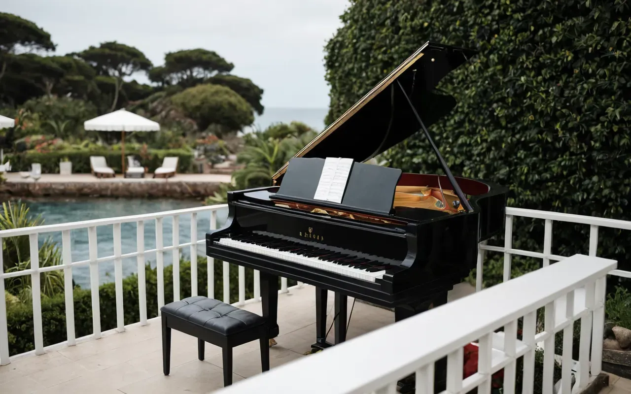 modern piyano vinç operasyonu A modern grand piano being lifted by a small crane from a balcony into the open air of a coastal garden. The scene is bright and clear, focusing on the mechanical precision of the lift against a backdrop of greenery and blue sky, with no people or text visible.