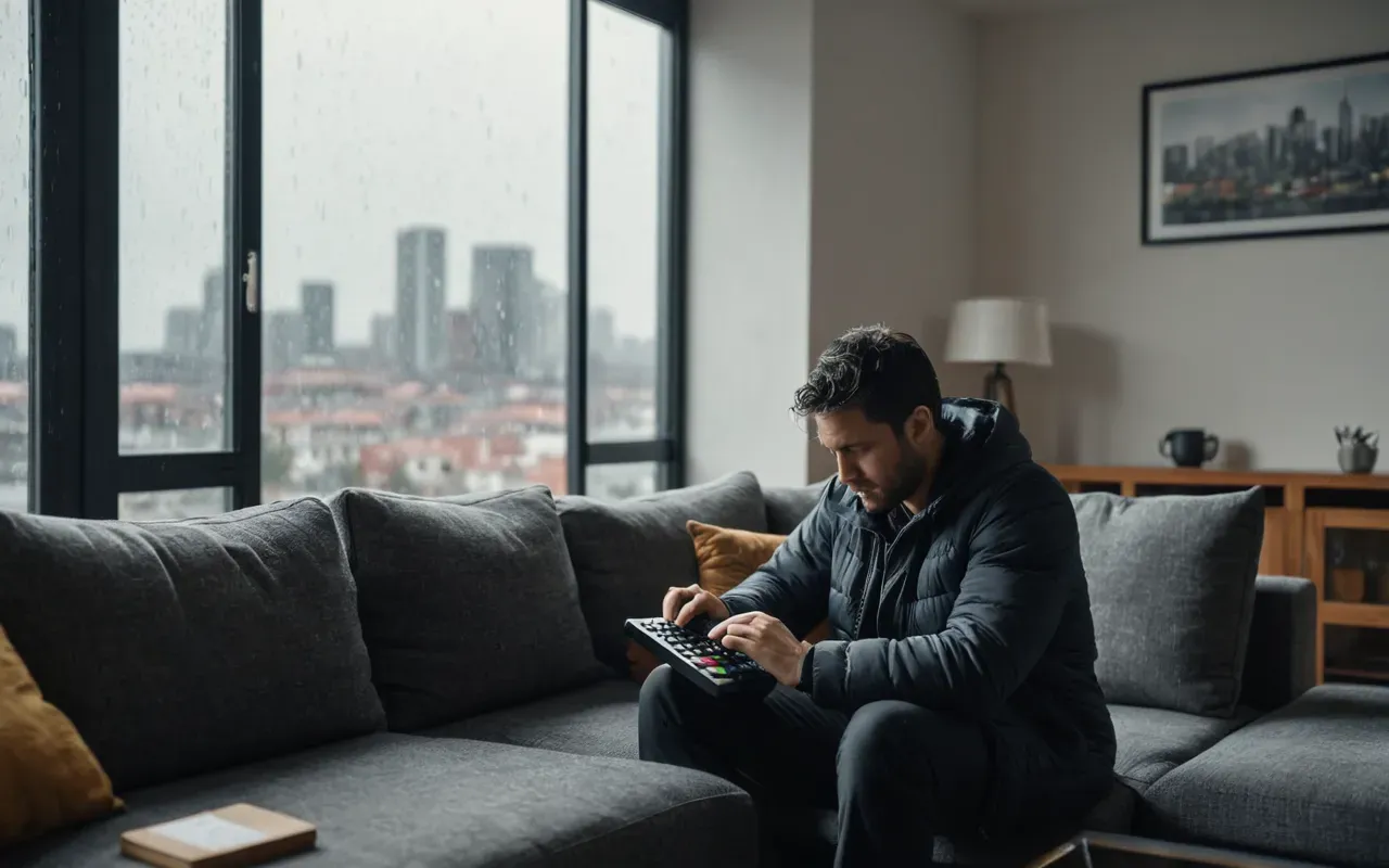 A modern living room with a large window showing a rainy cityscape, a person sitting on a sofa holding a calculator and looking stressed about finances.