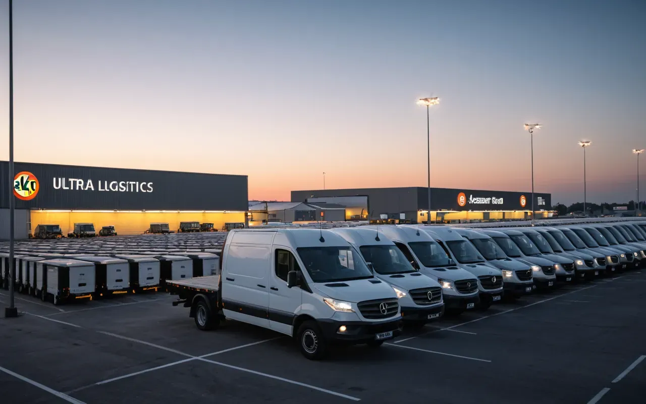 lojistik sektörü A modern logistics hub at dusk with large trucks parked in neat rows under bright industrial lights and a clear sky.