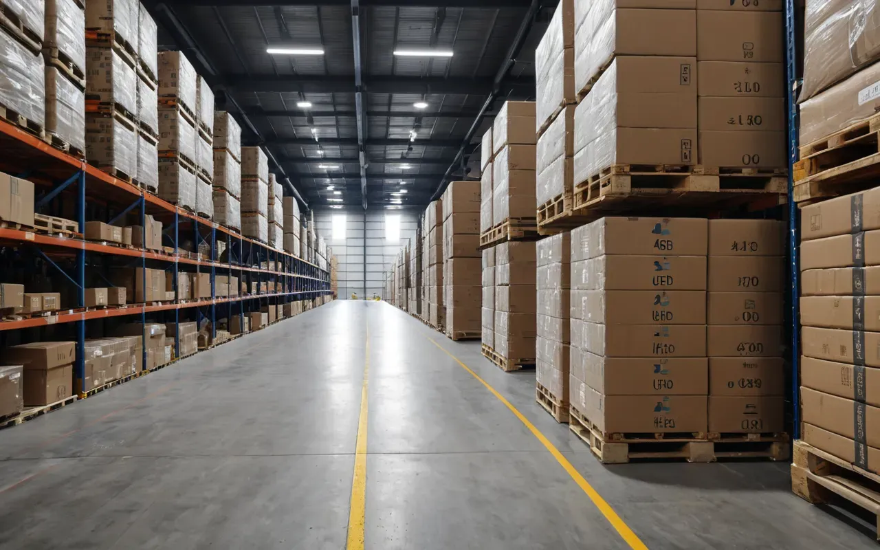modern depo alanı lojistik A modern logistics warehouse interior with neatly stacked boxes on wooden pallets. Bright industrial lighting illuminates the clean concrete floor. No people are present in this scene.