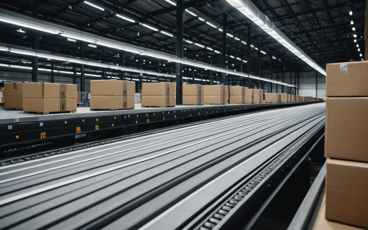 A modern logistics warehouse interior with rows of automated conveyor belts moving uniform cardboard boxes, illuminated by cool white LED lighting. The scene is clean and organized without any visible human figures or signage.