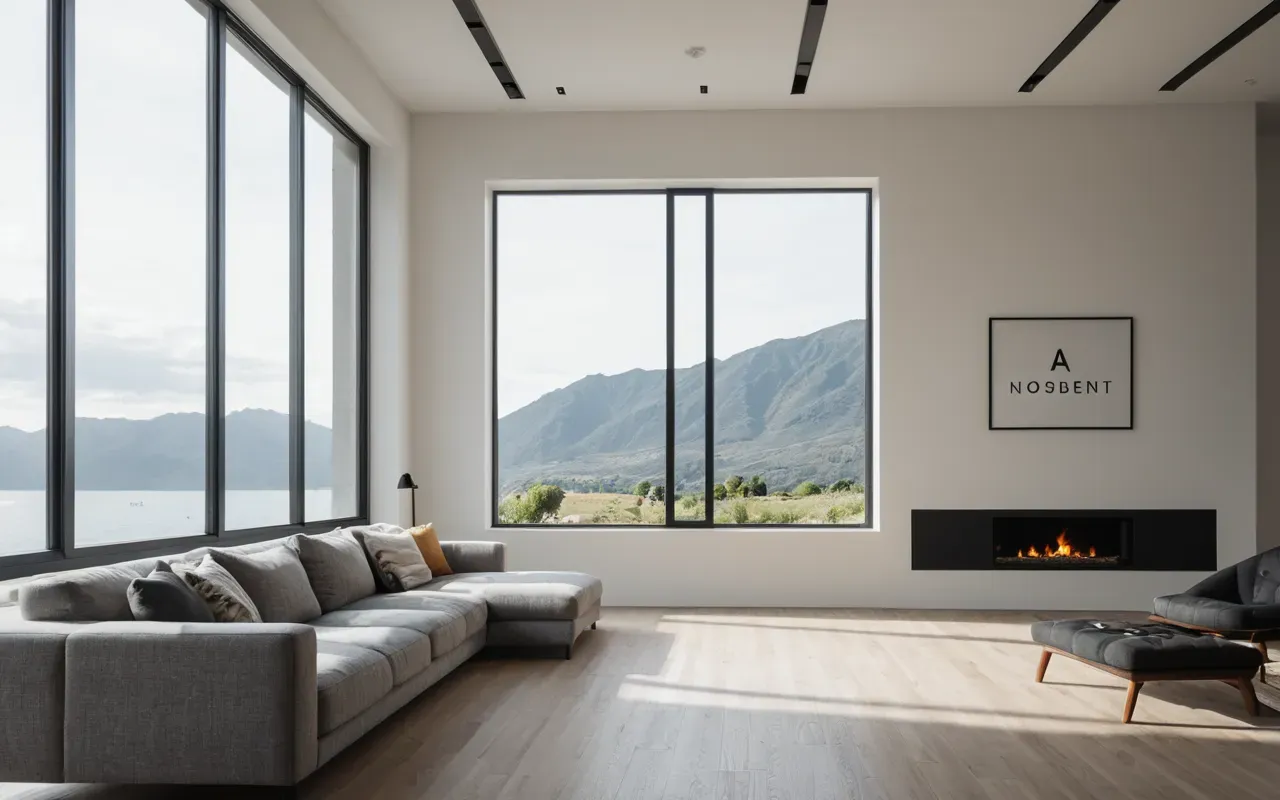 modern ev içi dekorasyon A modern minimalist living room with a large window showing soft daylight and clean lines, editorial photography style