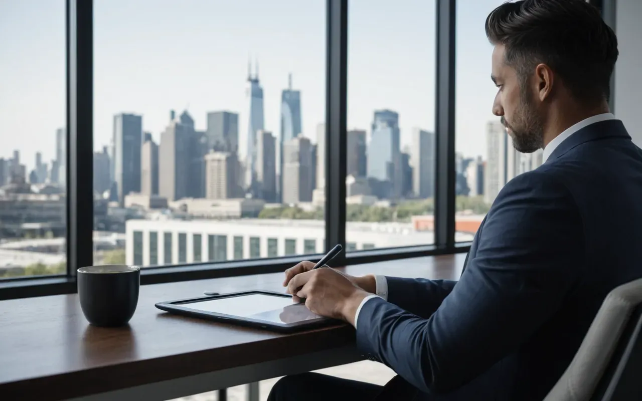veri analizi ortamı A modern office setting with a large window overlooking a city skyline during the day. A professional is seated at a desk reviewing documents on a tablet device. The room has clean lines and neutral colors, focusing on data analysis without any visible text or logos.