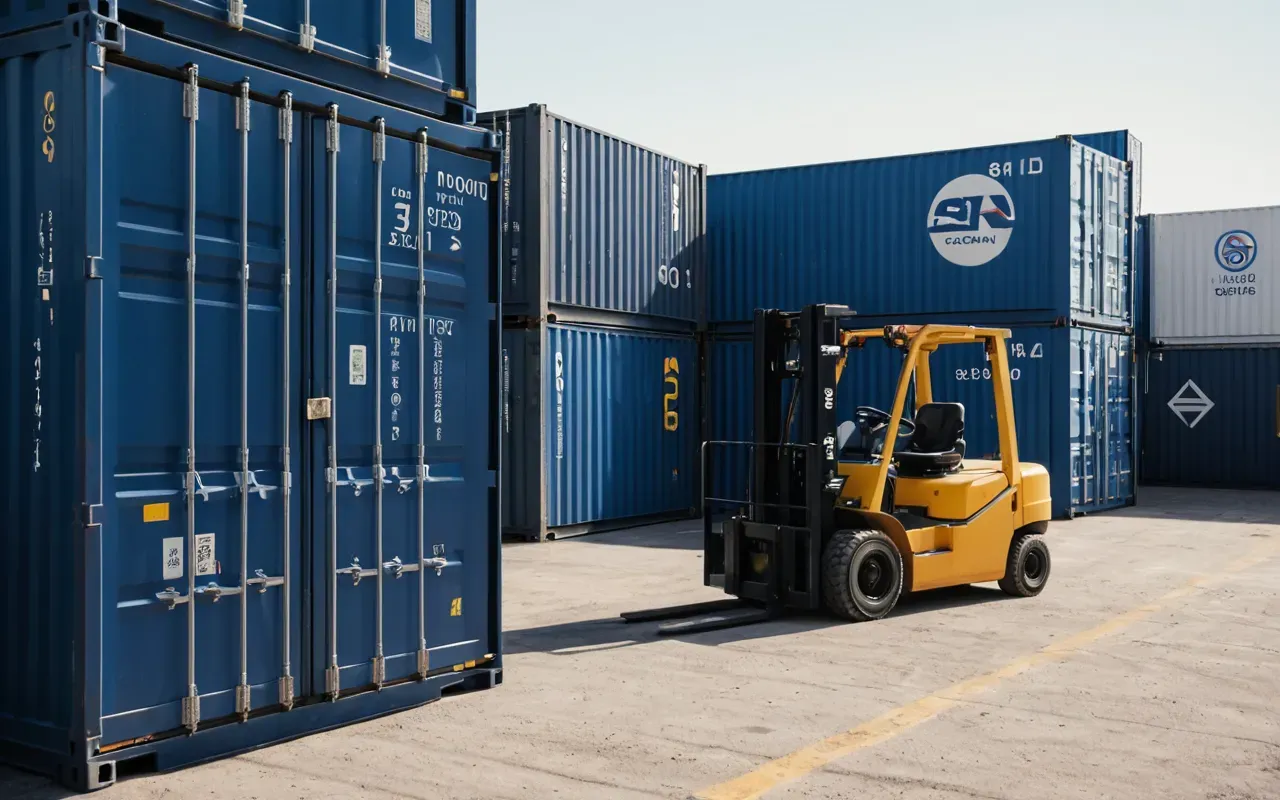 nakliyat konteyneri A modern shipping container yard with a forklift moving a large steel box under bright daylight. The scene is clean and industrial with no text or logos visible.