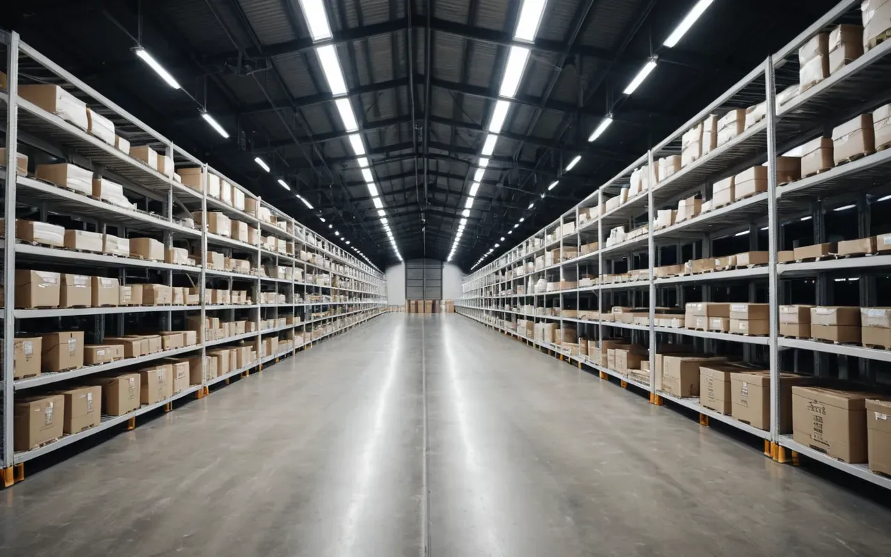 eşya depolama alanları A modern warehouse interior with high ceilings and polished concrete floors. Rows of clean white shelving units are neatly organized in the background. The lighting is bright and cool, creating a professional atmosphere. No people or text are visible.