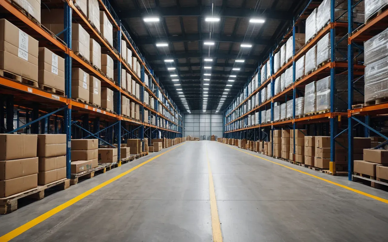 eşya depolama deposu iç mekân düzeni A modern warehouse interior with rows of neatly stacked moving boxes on wooden pallets. Bright industrial lighting illuminates the clean concrete floor and metal shelving units.
