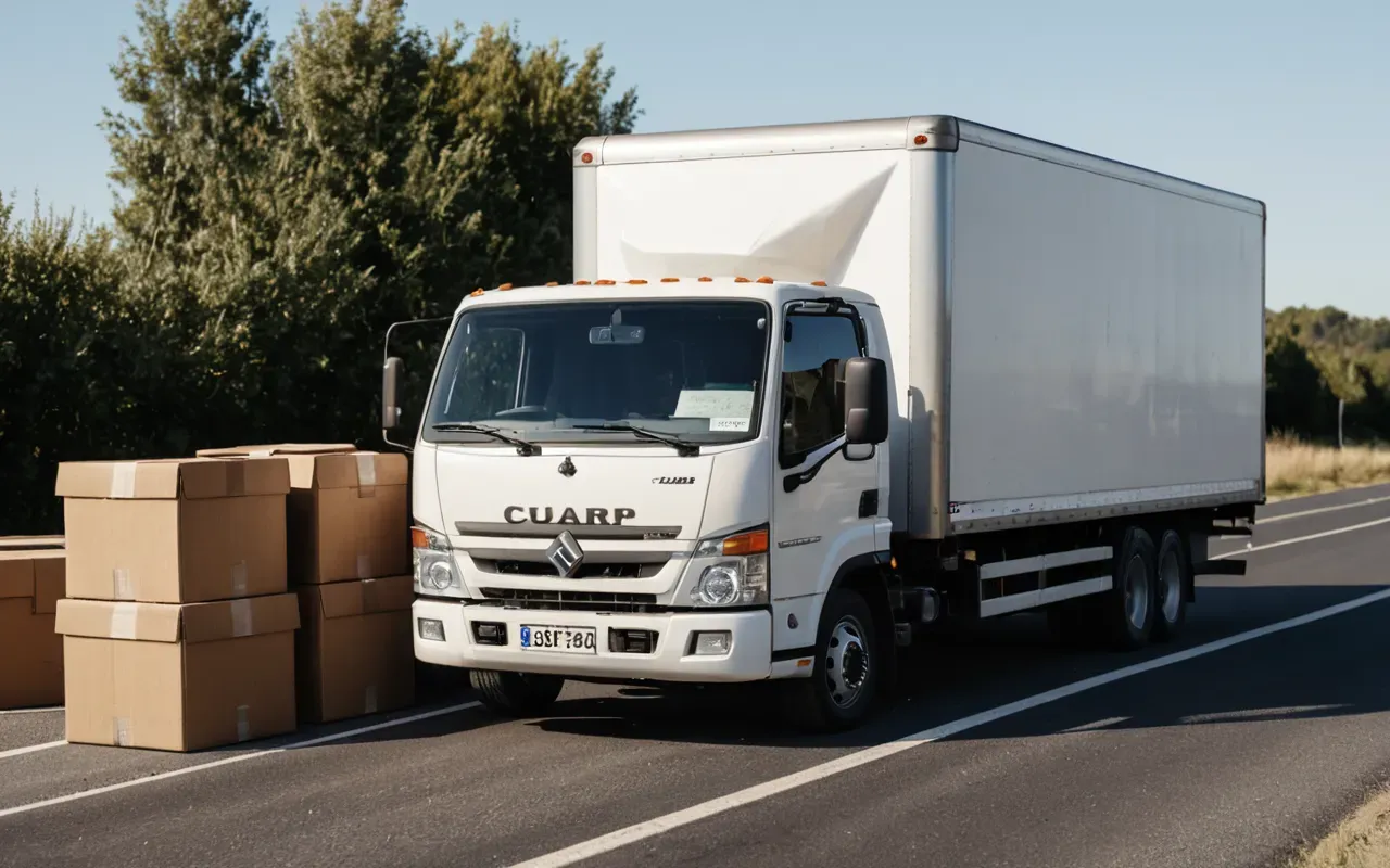 uluslararası nakliyat tır A modern white moving truck parked on a smooth asphalt road next to a neatly stacked pile of brown cardboard boxes in the background under bright natural daylight with no text visible anywhere.