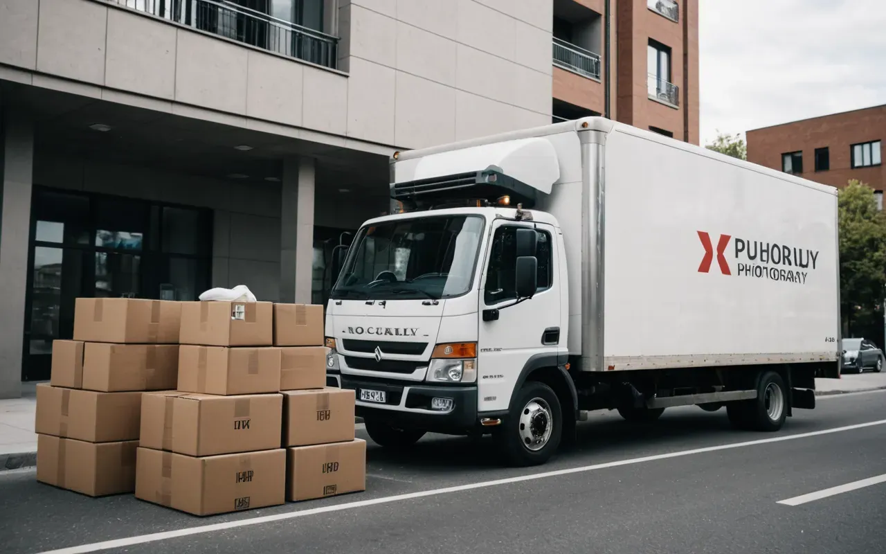 A moving truck parked outside a modern apartment building with boxes stacked nearby on a sunny day.