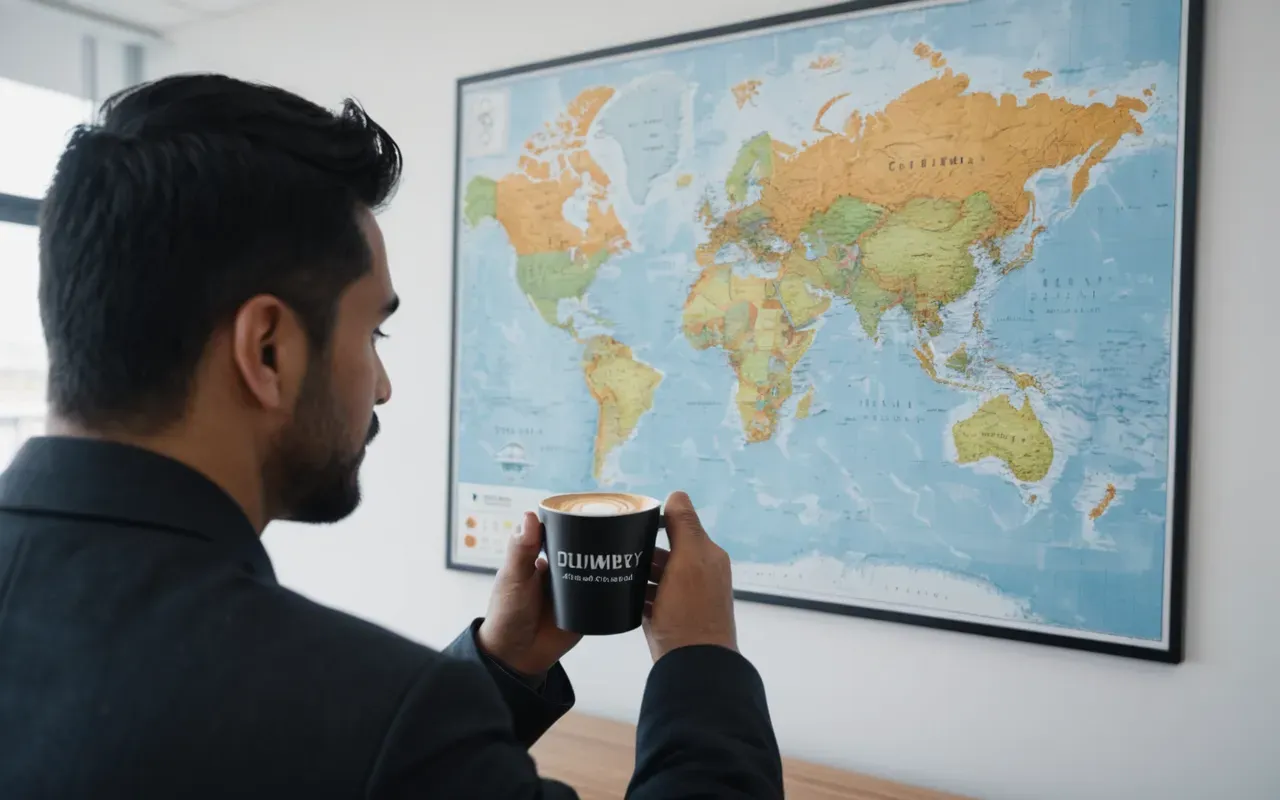 A person looking at a world map on a wall while holding a cup of coffee in a bright modern office setting.