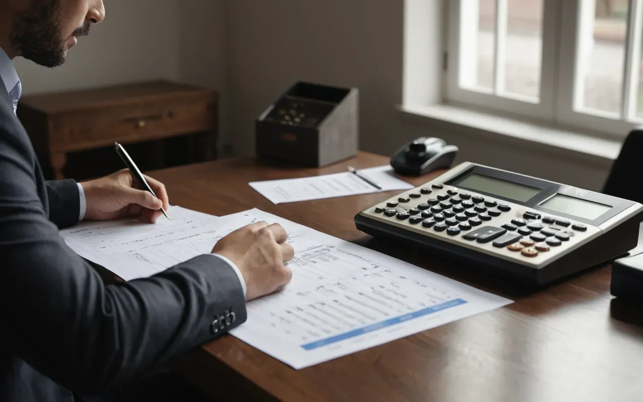 maliyet hesabı bütçe planlama masada A person sitting at a wooden desk reviewing financial documents and a calculator in natural daylight. The setting is a calm home office with soft shadows and organized papers.