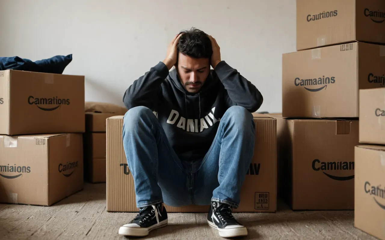 taşıma stresi A person sitting on a pile of cardboard boxes in an empty living room holding their head in frustration.