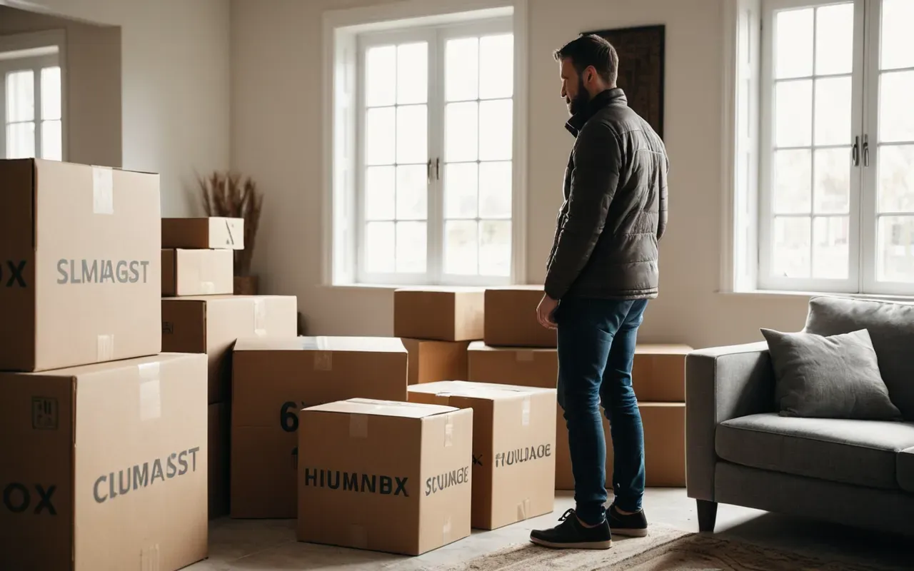yeni ev mutluluğu sahnesi A person standing in a bright modern living room with unpacked boxes. Sunlight streams through large windows creating a warm and welcoming atmosphere.