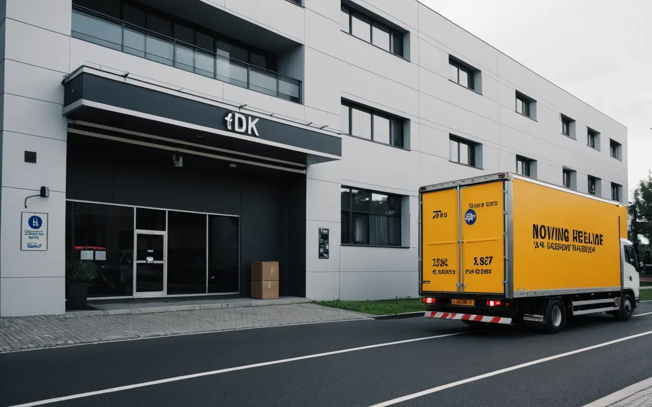 Bakırköy eşya depolaması A photo of a modern residential building entrance with a moving truck parked nearby. The scene is bright and clear showing the logistics challenge of tight spaces.