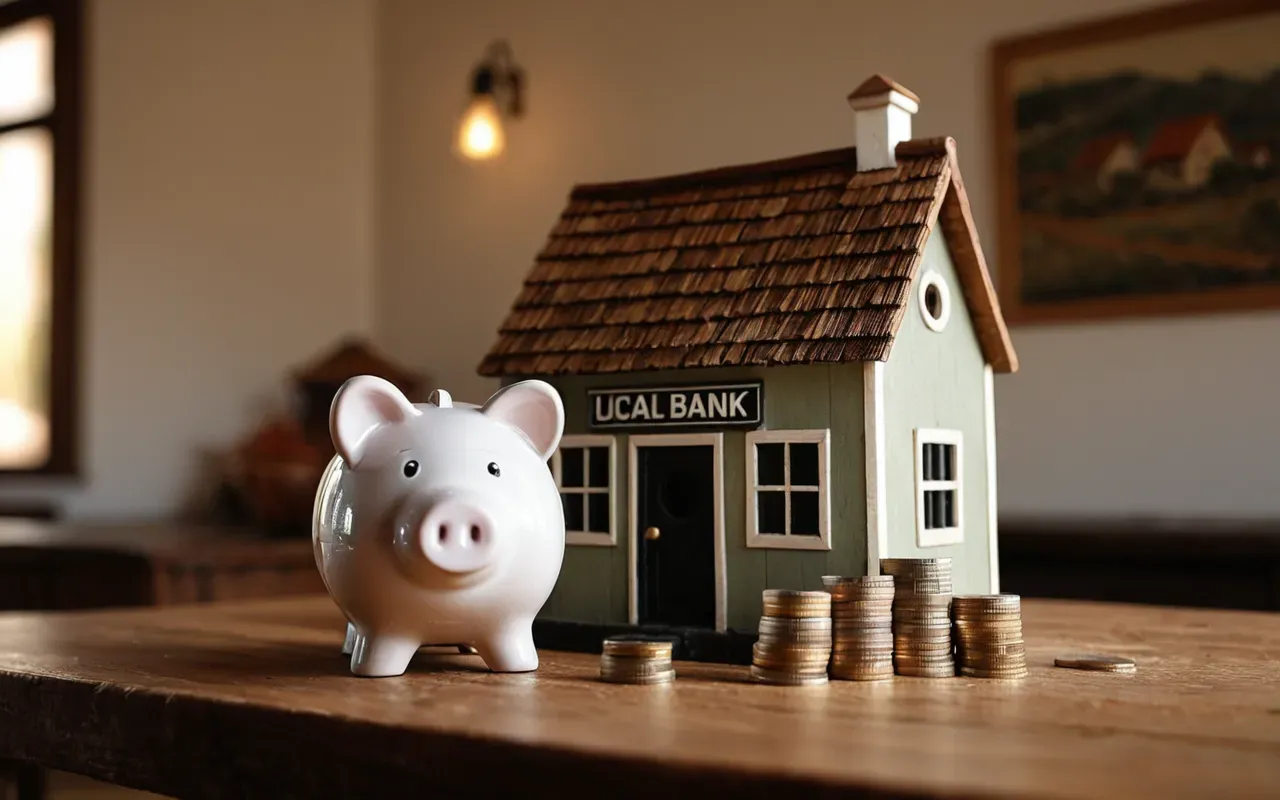 bütçe planlaması araçları A piggy bank with coins and a small house model on a wooden table in warm natural light