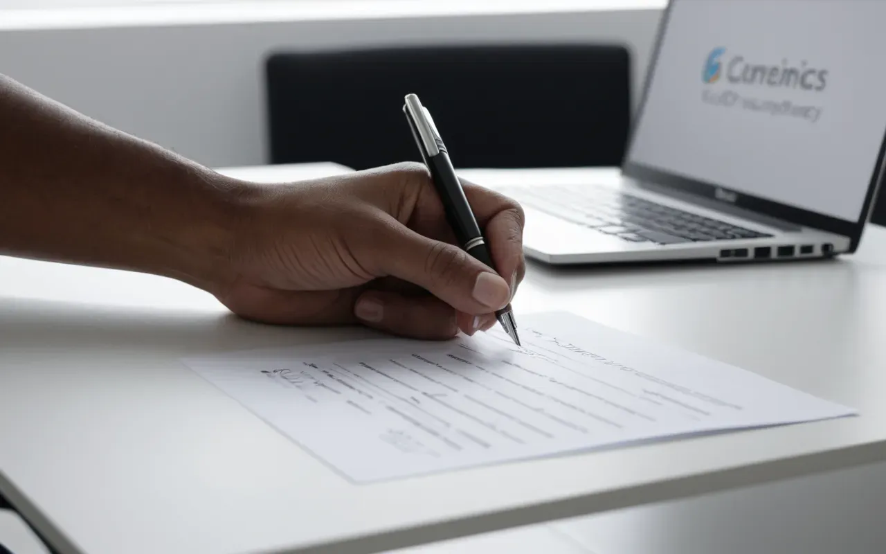 sözleşme imzalama süreci A professional hand signing a contract on a clean white desk with a silver laptop and a fountain pen visible in the foreground under bright office lighting without any readable text.