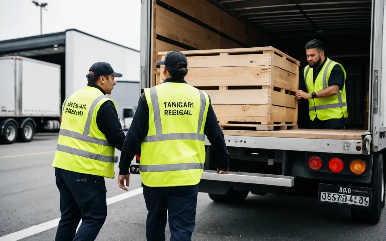 A professional moving crew in high-visibility vests carefully loading a large wooden crate into the back of a white commercial truck. The scene is set on an urban street with modern apartment buildings in the background. The lighting suggests early morning, highlighting the dust particles and the organized chaos of a major relocation effort.