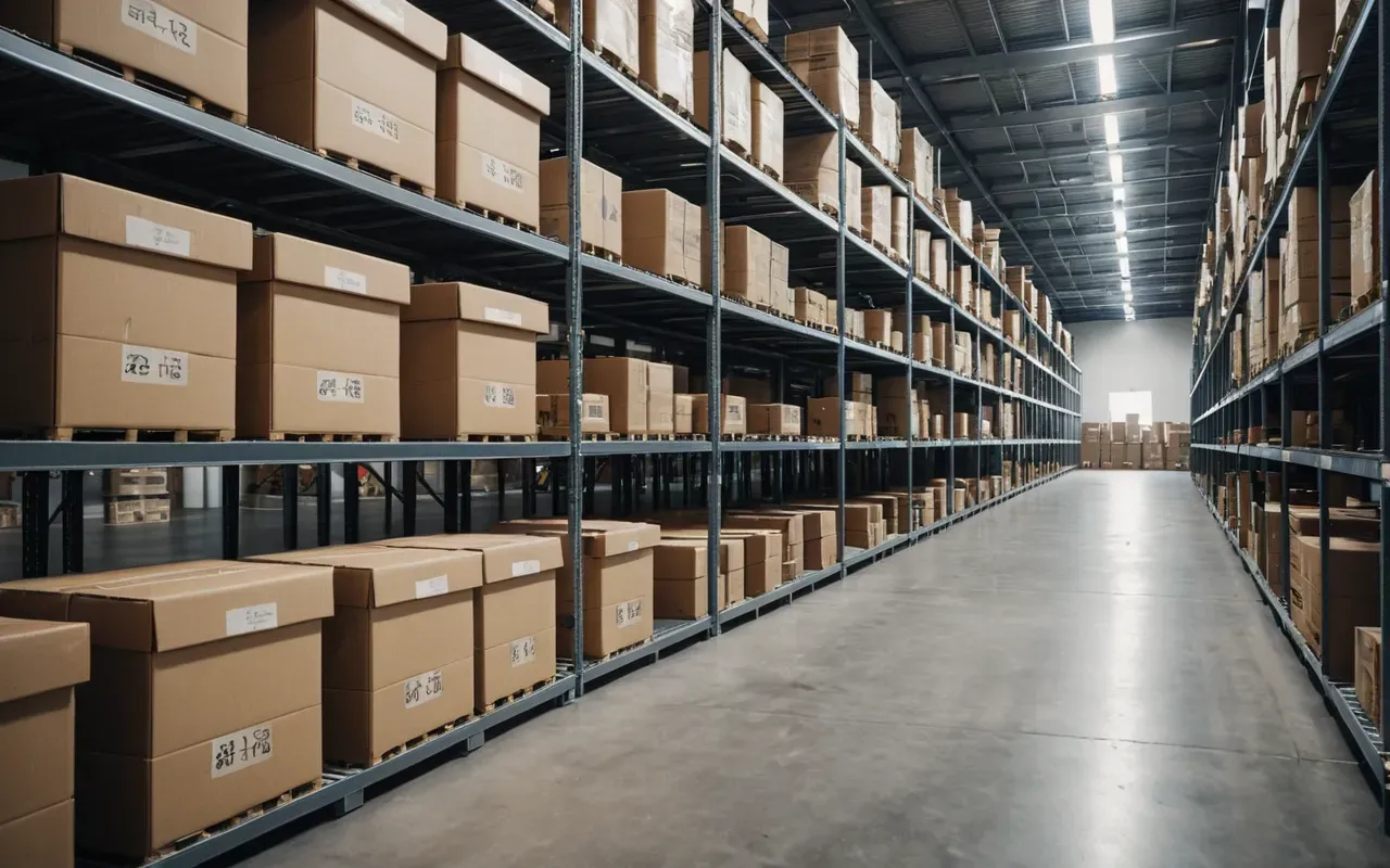 A spacious and modern warehouse interior with rows of neatly stacked cardboard boxes on metal shelving units. The floor is polished concrete reflecting the bright industrial overhead lighting. The atmosphere is clean, organized, and secure, suggesting a high-standard storage facility ready for long-term item retention.