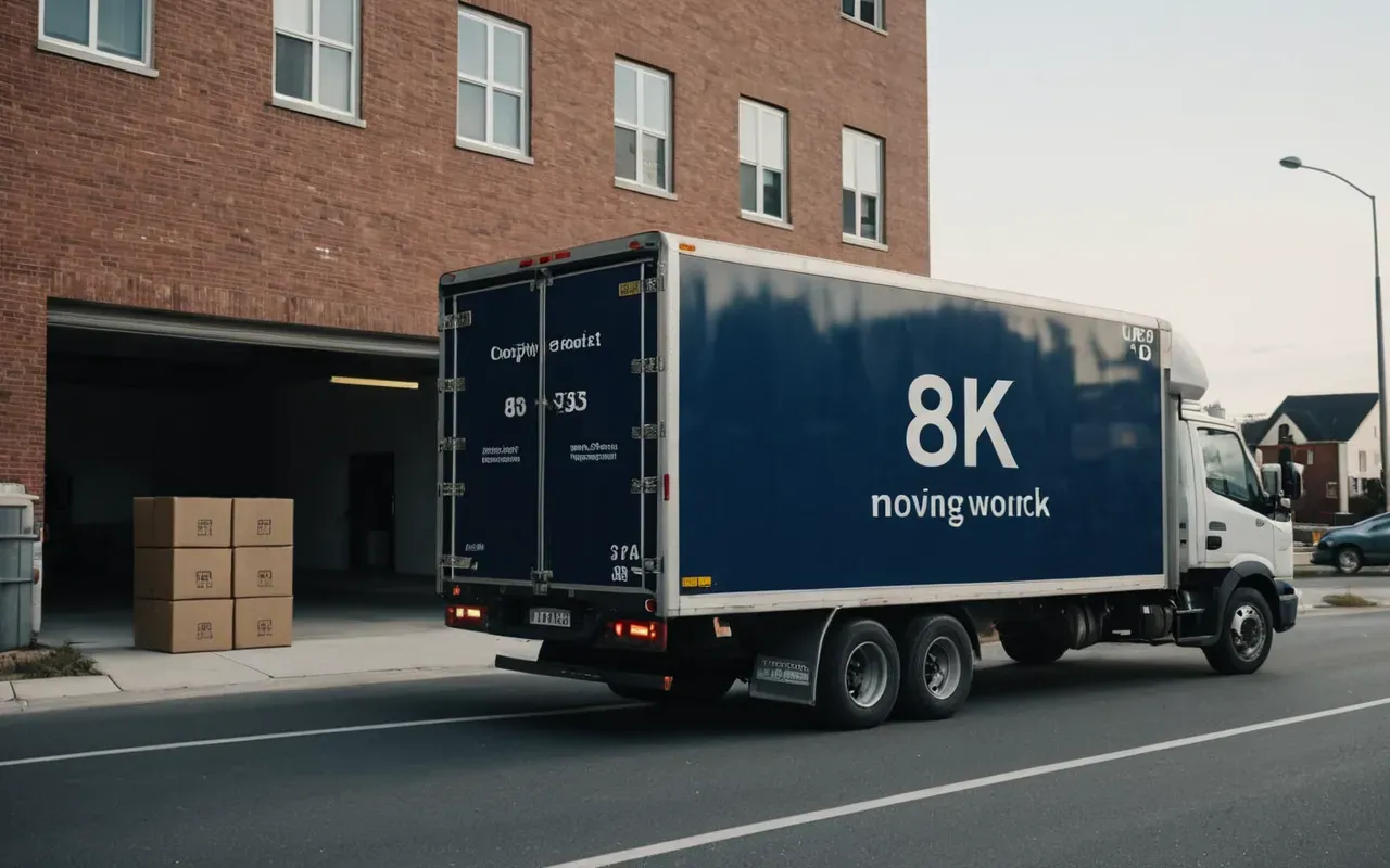 taşıma kamyonu manzarası A wide shot of a modern moving truck parked in front of an apartment building. The sky is clear and the temperature feels mild. Workers are carrying boxes with care.