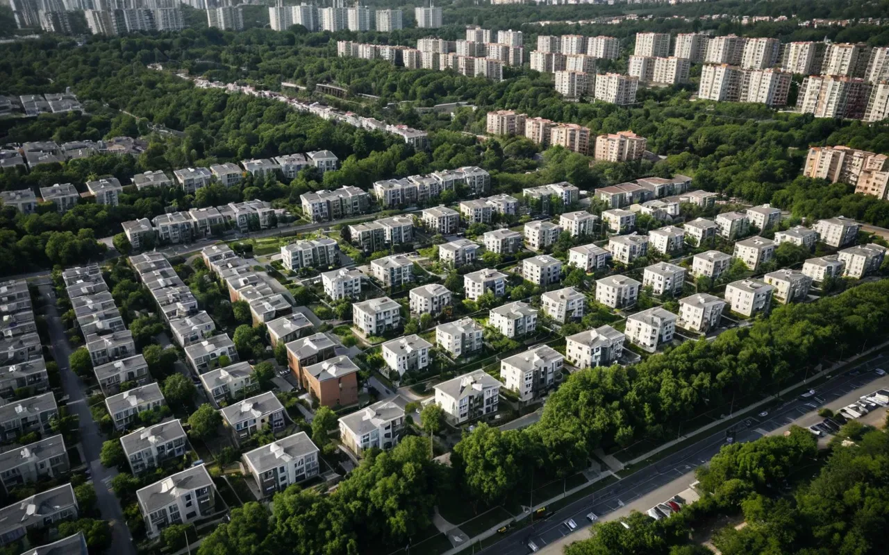 konut alanı görünümü Aerial view of a dense residential neighborhood with multi-story apartment buildings. Green spaces and walking paths are visible between the structures. The lighting suggests early morning, casting soft light on the rooftops. No people or text are present in the scene.