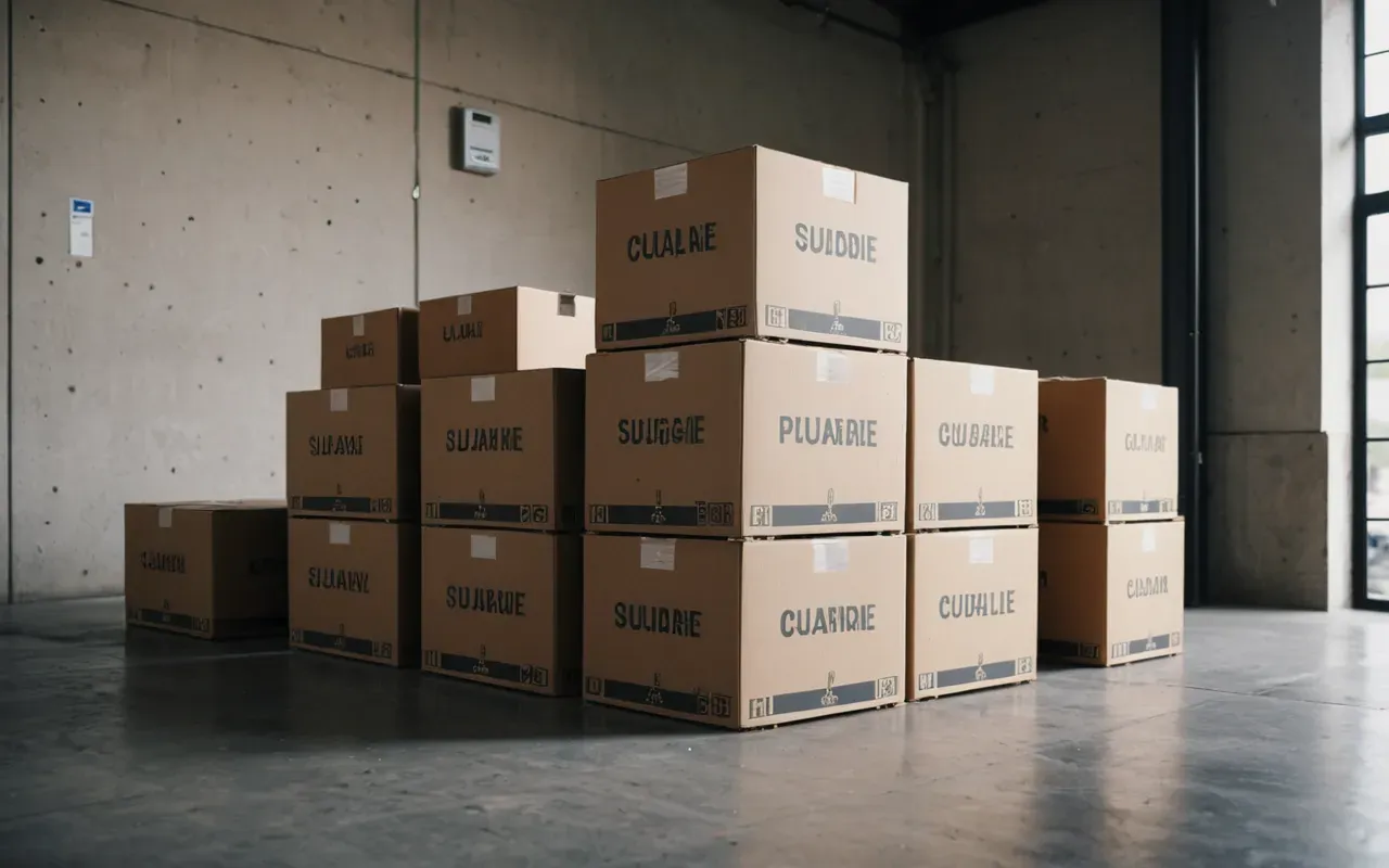 Clean editorial still life of neatly packed moving boxes stacked on a concrete floor with soft natural light and minimal props