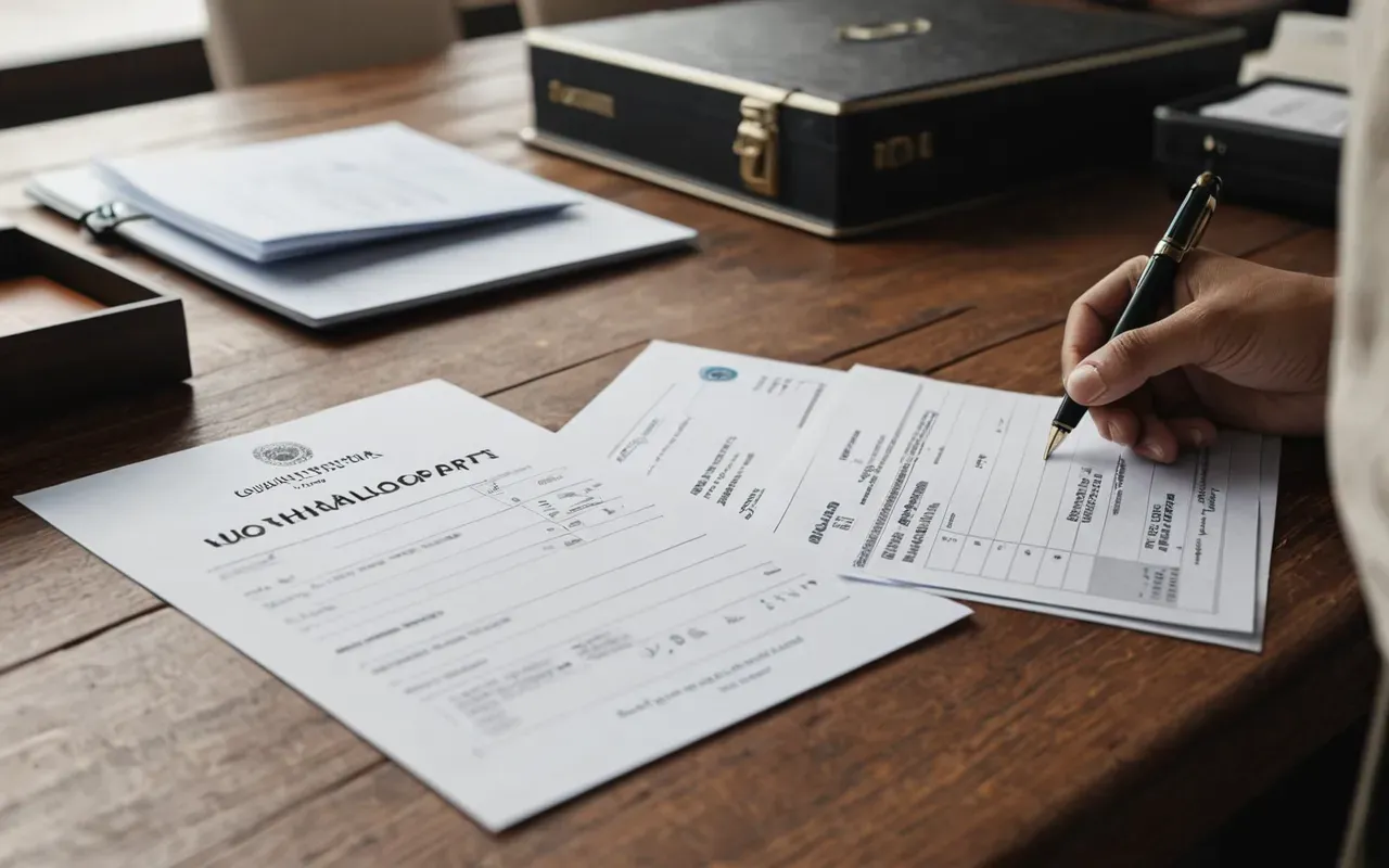 resmi evraklar Close up of a hand organizing official documents and passports on a clean wooden desk, soft natural lighting from the side, neutral color palette
