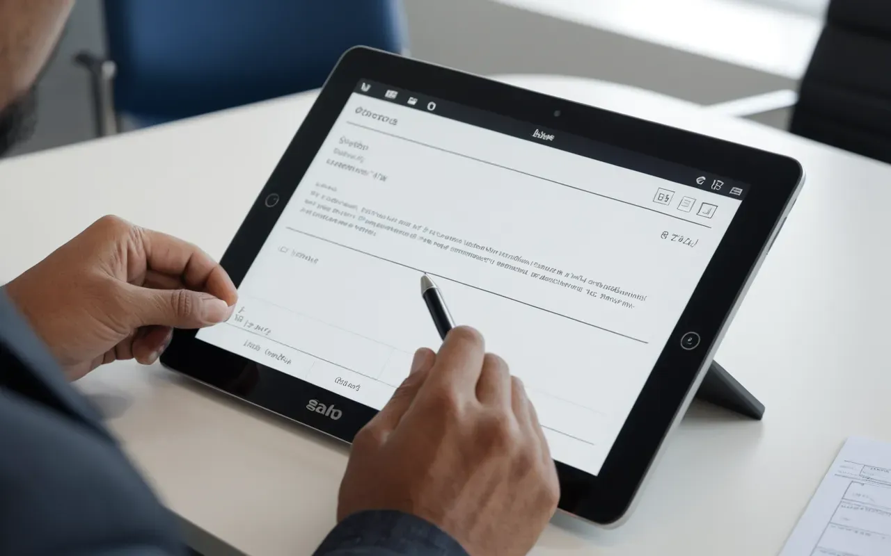 Close-up of a hand signing a digital document on a tablet in a bright modern office space with minimal furniture and soft natural light
