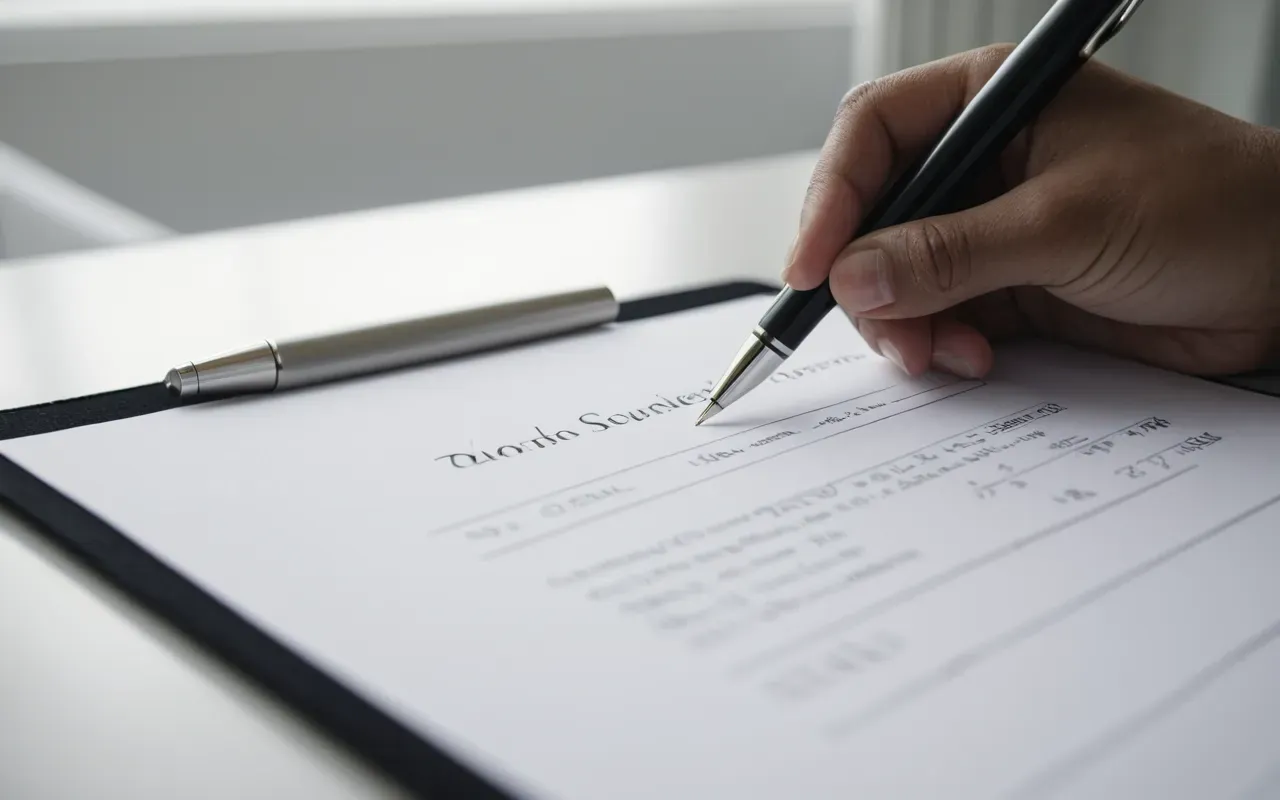 sözleşme detayları Close-up of a pen signing a contract on a white desk, soft window light, shallow depth of field, modern office setting, no text visible in background, editorial style