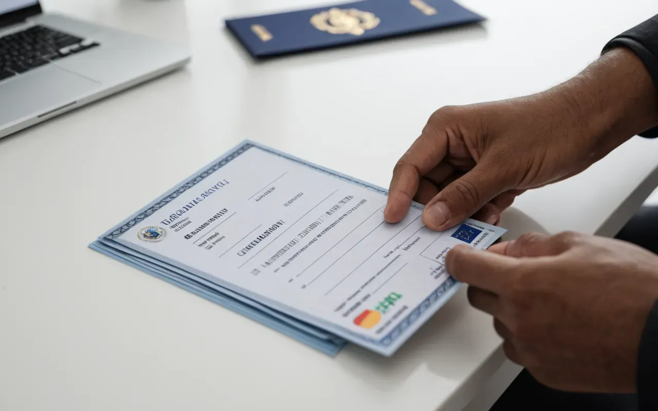 Close-up of a person's hands holding official travel documents and passports on a clean white desk surface with soft diffused light