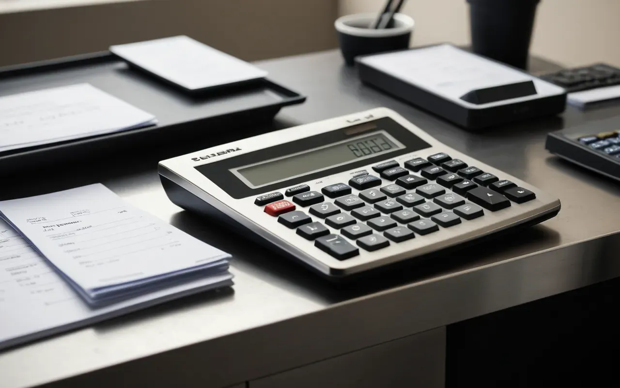 Close up view of a modern stainless steel desk with organized financial documents and a calculator, soft diffused lighting from the side creating gentle shadows on a clean white surface, professional business photography style.