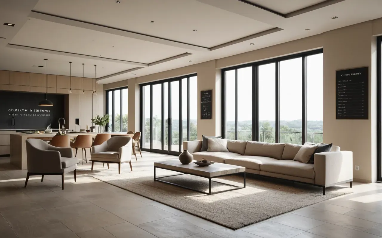 modern konut Interior of a modern contemporary living room with neutral beige furniture and large floor to ceiling windows showing bright daylight, clean architectural lines