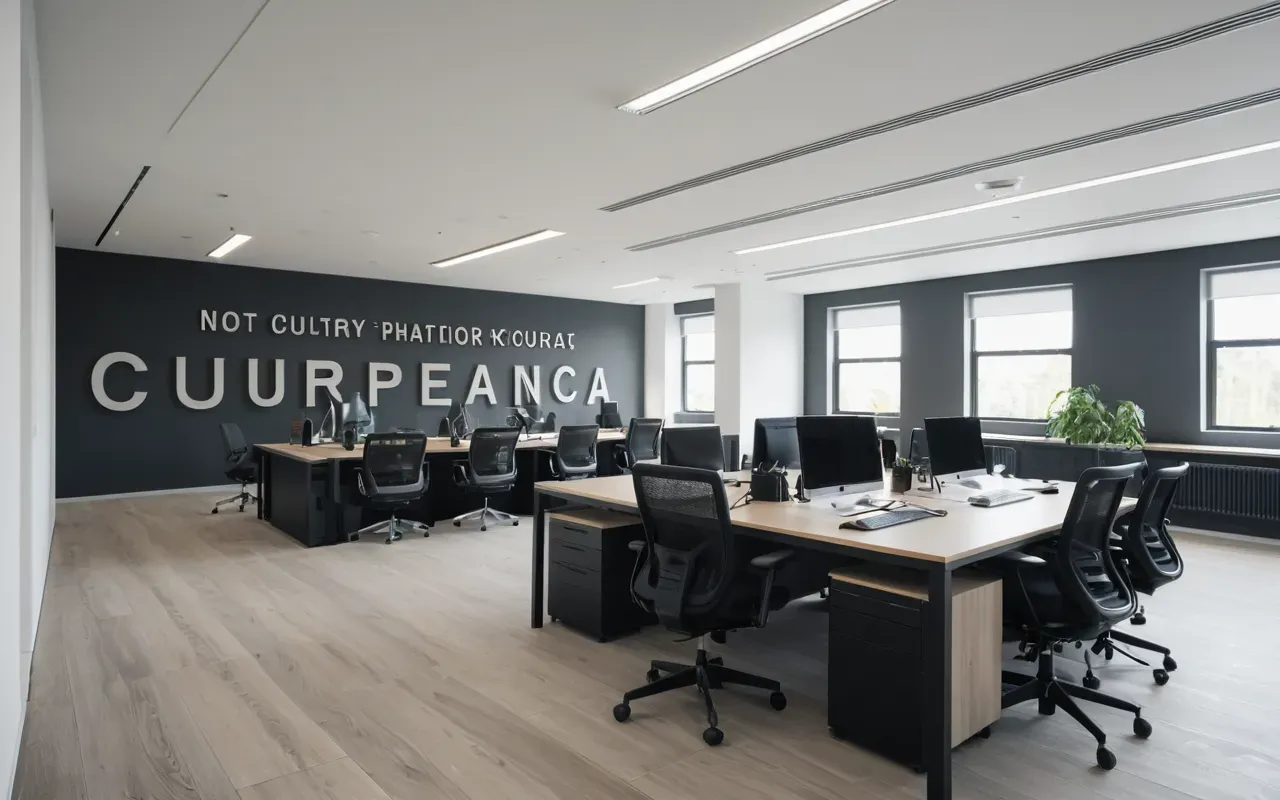 Interior of a modern contemporary office space with ergonomic chairs and glass partitions, bright natural daylight illuminating the workspace, clean lines and minimalist furniture arrangement in neutral grey and white tones.