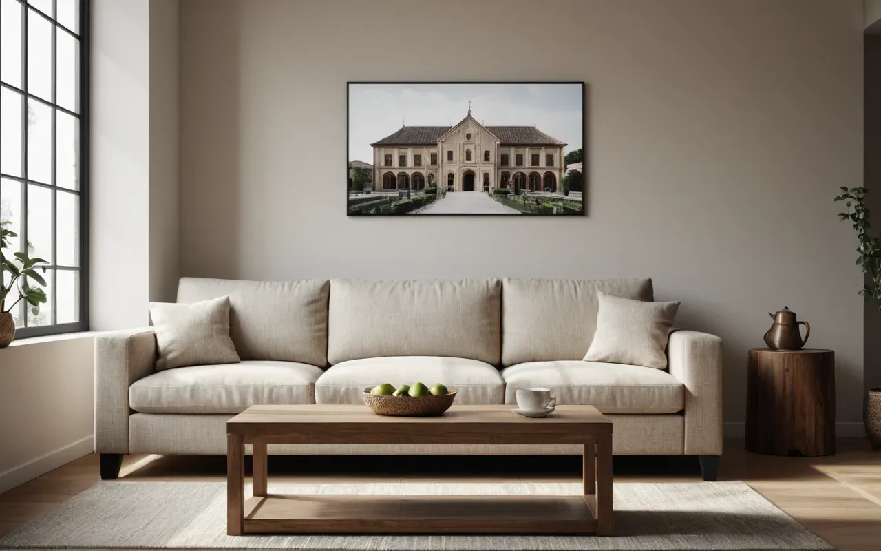 Interior of a modern minimalist living room with neutral beige sofa and wooden coffee table, large windows letting in soft daylight, clean composition