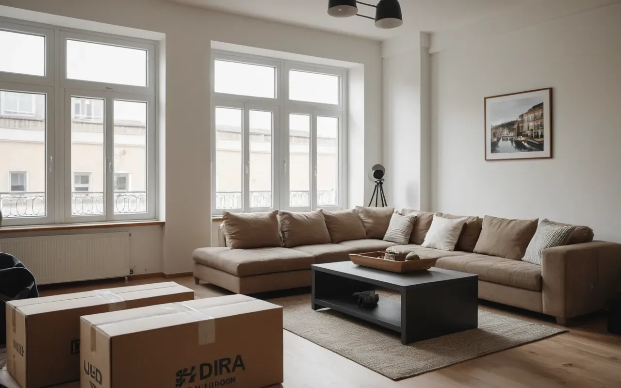 yeni ev kurulumu Interior view of a modern apartment living room with large windows letting in natural daylight. A young person is unpacking cardboard boxes near a minimalist sofa. The space feels fresh and clean, representing a new start without any cultural specific decorations or text elements.