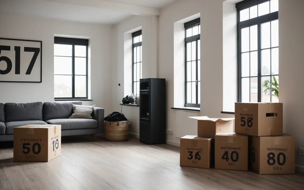 Modern minimalist living room interior with neatly packed moving boxes stacked in the corner, soft natural daylight streaming through large windows, clean editorial photography style with neutral tones and smooth concrete floor texture.