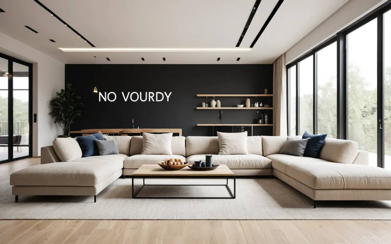 konut piyasası Wide shot of a modern bright living room with neutral beige sofa, light wood floor, large windows with soft daylight, minimalist decor, editorial interior photography, no text or people visible