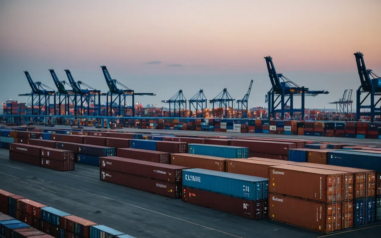 Wide shot of a modern container terminal at dusk with stacked colorful shipping containers and cranes in the background, cinematic lighting