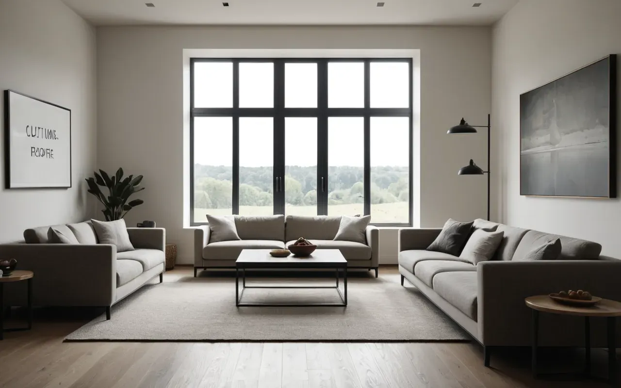 Wide shot of a modern minimalist living room with large windows and soft natural daylight, neutral tones, editorial photography style