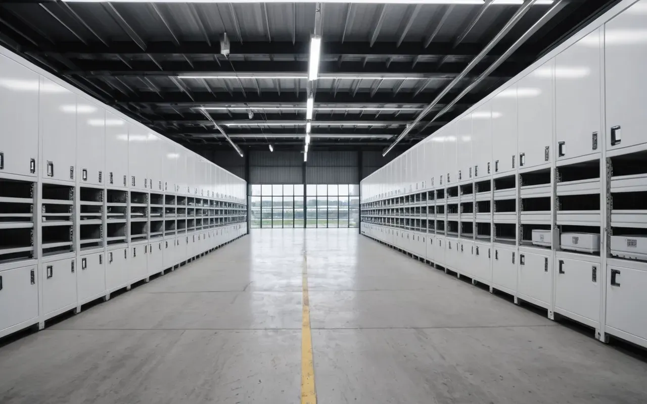 depolaşma masrafları Wide shot of a modern minimalist storage facility interior with neat rows of white cabinets, soft natural light from high windows, clean concrete floor, editorial photography, no text or signage