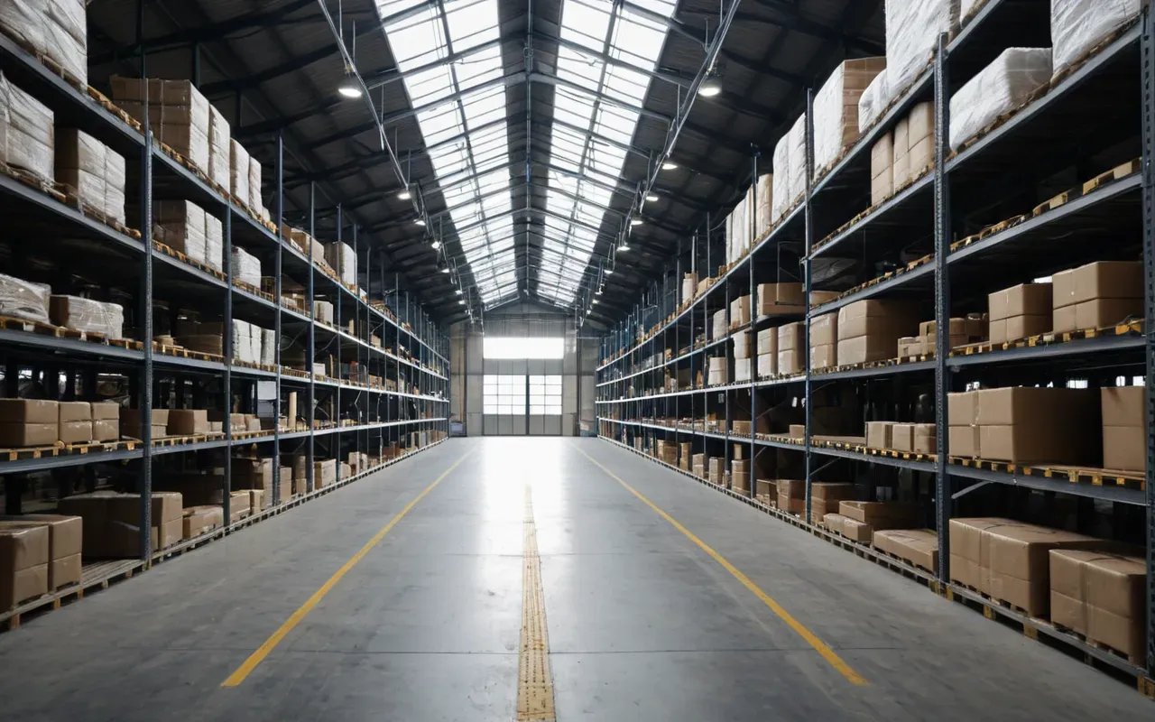 depolama alanı Wide shot of a modern minimalist warehouse interior with organized shelving units and soft natural daylight streaming through large industrial windows, editorial photography style