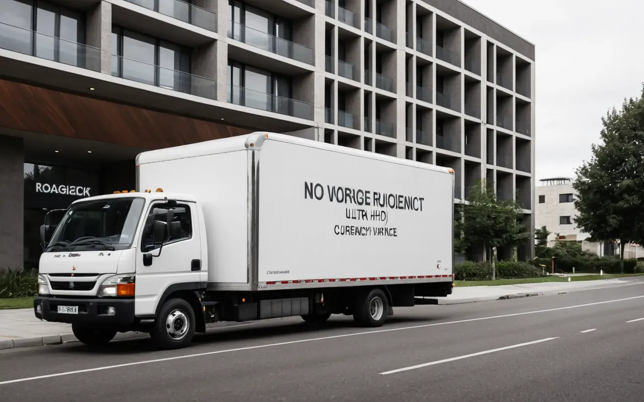 Wide shot of a modern moving truck parked outside a contemporary residential building with soft daylight and neutral tones, editorial style