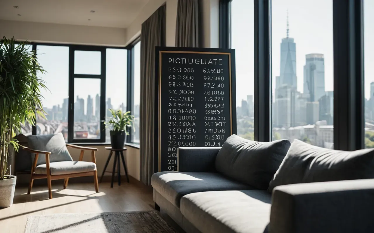 A bright modern living room with a sofa and potted plants. Sunlight streams through large glass windows showing a blurred cityscape in the background.